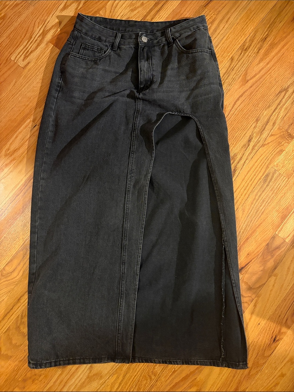 Black Denim Maxi Skirt with Front Slit LARGE